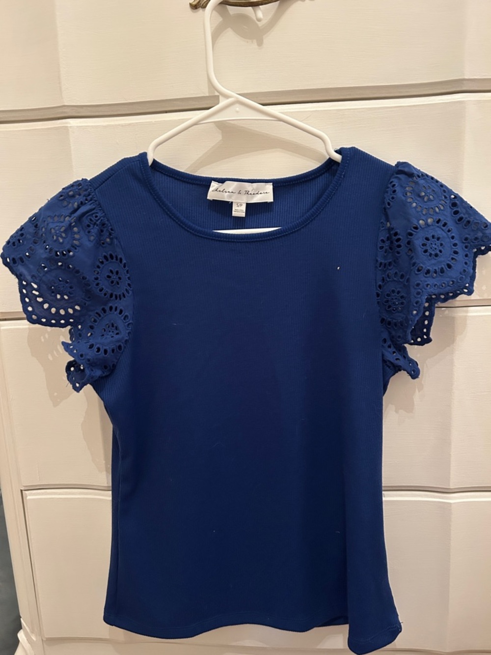 Chelsea & Theodore Royal Blue Eyelet Flutter Sleeve Tee